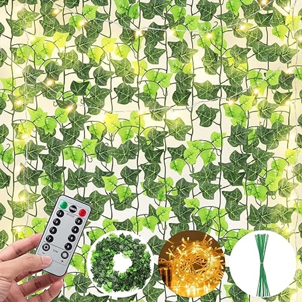 JACKYLED 90Ft 12 Pack Artificial Ivy Garland with 200 LED String Light, Fake Ivy Garland Vines with Deep Green and Light Green Leaves, Hanging Vines Fake Plants for Bedroom Garden Party Wall Decor