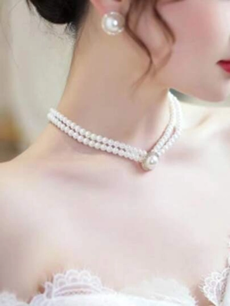 Faux Pearl Decor Faux Pearl Beaded Choker & Earrings