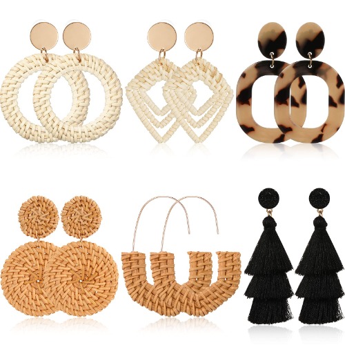 6 Pairs Rattan Earrings Straw Earrings Tassel Woven Bohemian Earring Handmade Wicker Braid Hoop Drop Earring For Women Girls