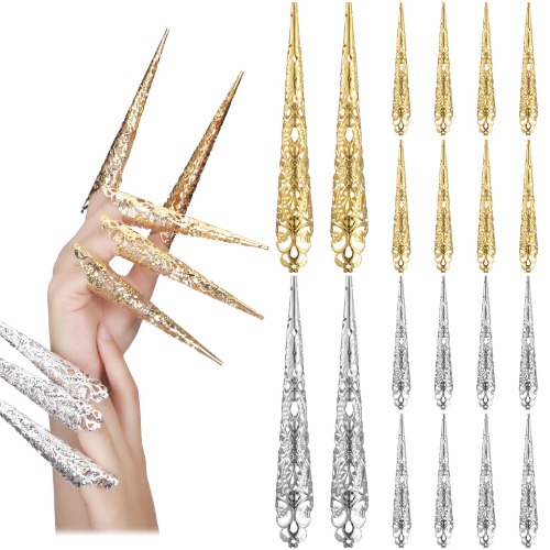 Leelosp 20 Packs halloween Finger Nail Claw Rings Ancient Queen Fingernail Claw Metal Finger Knuckle Claw for Halloween Women Cosplay Costume Drama Dance Show (Gold, Silver)