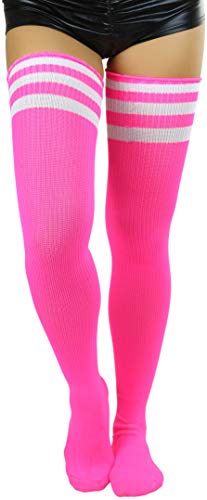 ToBeInStyle Women's Athlete Acrylic Thigh Hi With Striped Top - One Size - HOT PINK / WHITE