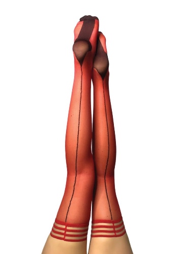 Monica: You'll be Feeling Hot Hot Hot! Red Sheer with Black Seam, Cuban Heel Thigh Highs. Petite to Plus Size | A