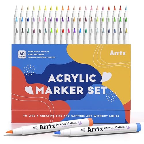 Arrtx Acrylic Paint Pens 60A,Brush Tip Acrylic Markers Set for Rock Painting,Glass,Stone,Wood,Ceramic Fabric, - 60A Regular Colors