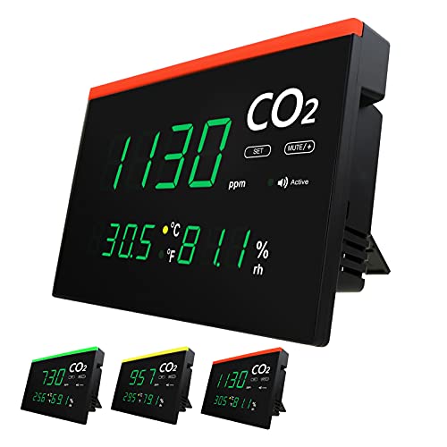Wall Mount/Desktop Large LED Screen IAQ Monitor Real-time CO2 Detector, Carbon Dioxide, Temperature & Humidity Level with Visual Color Warning Light Bar and Audible Alarm - CO2 Monitor with Warning Light Bar