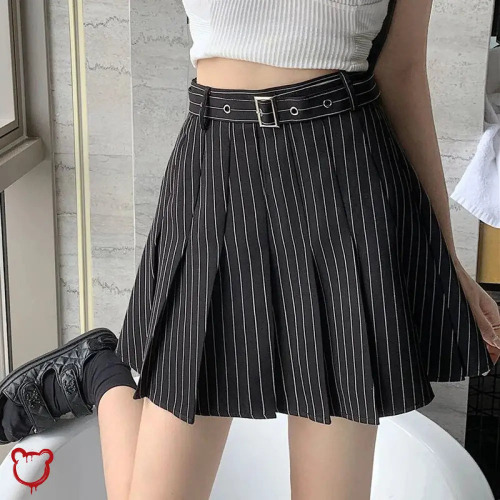 Pleated Pinstripe Mini Skirt - Black / S