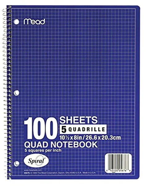 Mead Spiral Notebook, 1-Subject, Graph Ruled Paper, 7-1/2" x 10-1/2", 100 Sheets, Color Will Vary (05676)