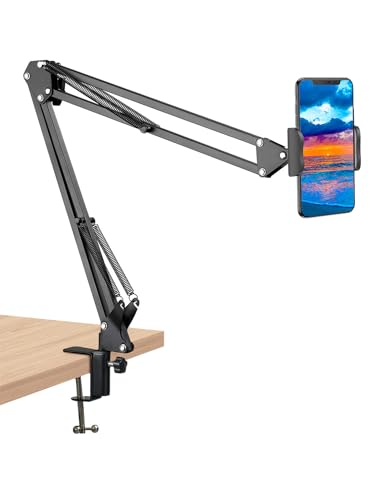 Universal Cell Phone Clip Holder Clamp Mount Flexible 360° Rotation,Long Arm Bracket for 3.5-6.5in Phones, Mobile Stand for Bed, Office, Kitchen, Desk - black