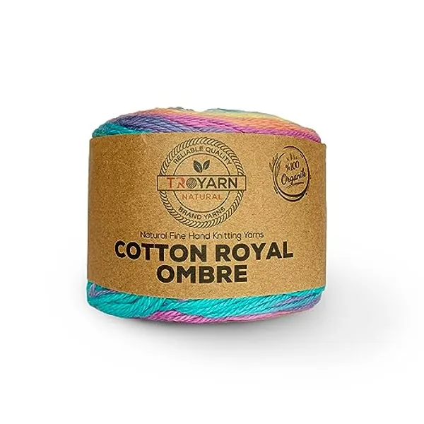 Troyarn Cotton Royal Ombre (1- Skeins Pack) Yarn with Rainbow Colors,Soft Yarn for Crocheting and Knitting%100 Organic Cotton Four Season Yarn 1x100 gr (1x230 yds) (20107)