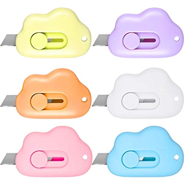 6 Pieces Mini Utility Knives Cloud Shaped Box Cutter Retractable Letter Opener Assorted Colors Cloud Envelope Slitter Carton Portable Paper Cutter with Key Chain Hole