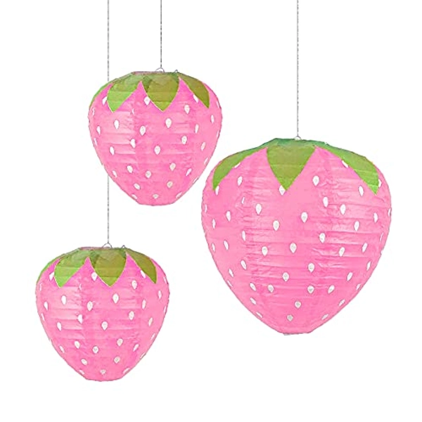 3Pcs Pink Strawberry Party Lantern Decorations Fruit Themed Party Decor Strawberry Birthday Baby Shower Decorations for Girl Hungry Caterpillar Party Supplies Hanging Ornaments