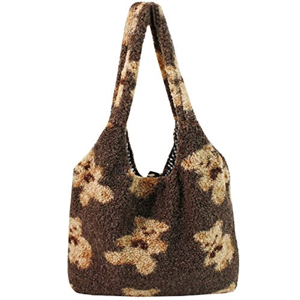 Women Girls Cute Bear Plush Shoulder Bag Large Tote Handbag Purse Faux Fur Shopping Dating Bag