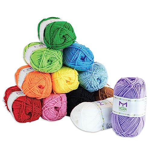 Acrylic Yarn | 1312 Yards | Large 50g Skeins | 12 Multicolor Knitting and Crochet Yarn Bulk – Starter Kit for Colorful Craft - 7 Ebooks with Yarn Patterns - by Mira HandCrafts - 12 Pack - Rainbow Color Yarns