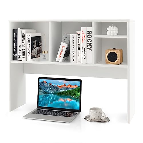 Tangkula Desktop Bookshelf, Countertop Storage Hutch with 4 Shelves for Computer Desk, Desktop 2-Tier Display Rack, Multipurpose Wood Desktop Hutch Storage Organizer for Dorm Office Home (White) - White-4 Shelves