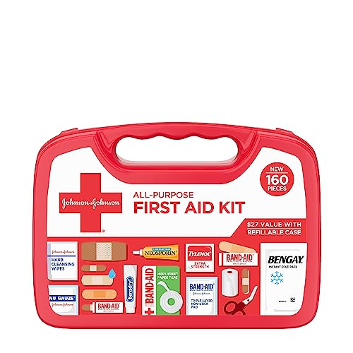 Johnson & Johnson All-Purpose Portable Compact First Aid Kit for Minor Cuts, Scrapes, Sprains & Burns, Ideal for Home, Car, Travel, Camping and Outdoor Emergencies, 160 pieces - Multicolor - 160 Count