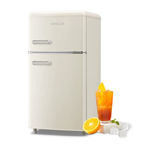 DEMULLER Retro Mini Fridge 3.5 Cu.ft Refrigerator with Top Freezer Compact Fridge Apartment Size Refrigerator Dual Door Fridge with Handles Small Refrigerator for Home Office Dorm - CREAM WHITE
