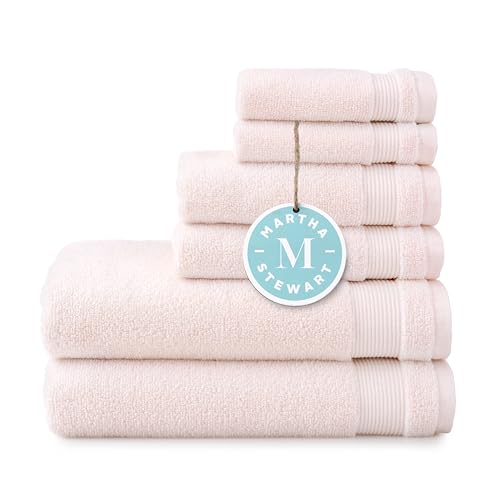 MARTHA STEWART 100% Cotton Bath Towels Set Of 6 Piece, 2 Bath Towels, 2 Hand Towels, 2 Washcloths, Quick Dry Towels, Soft & Absorbent, Bathroom Essentials, Blush Pink - Blush Pink - 6 Piece Towel Set - 100 % Cotton Bath Towel