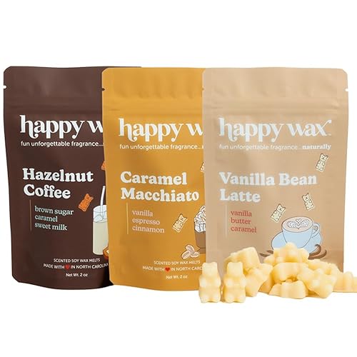 Happy Wax Coffee Mix Collection Scented Natural Soy Wax Melts – 6 Total Oz. of Scented Wax Melts, Collection Includes 2oz Hazelnut Coffee, 2oz Vanilla Bean Latte and 2oz Caramel Macchiato - Coffee Mix