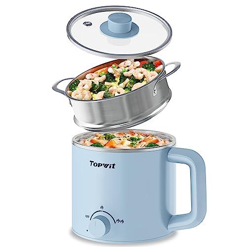 Topwit Hot Pot Electric with Steamer, 1.6L Ramen Cooker, Electric Pot for Pasta, Shabu-Shabu, Oatmeal, Soup and Egg, Electric Cooker with Dual Power Control, Dorm Room Essentials, Blue - D (Blue with Steamer)