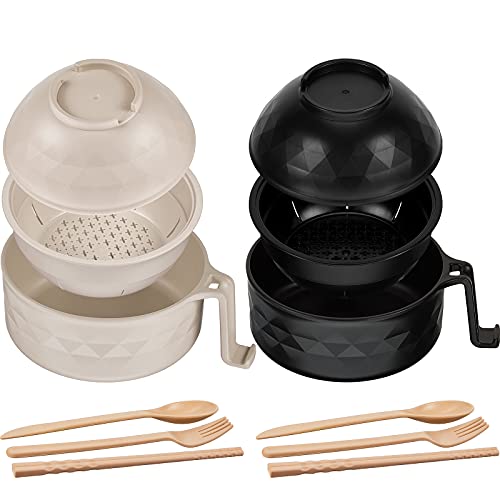 2 Sets Microwave Ramen Cooker Bowl Set Quick Ramen Cooker with Handles Ramen Noodle Cooker with Spoon Chopsticks Fork College Dorm Room Apartment Essentials for Girls and Boys (Black, Beige) - Black, Beige