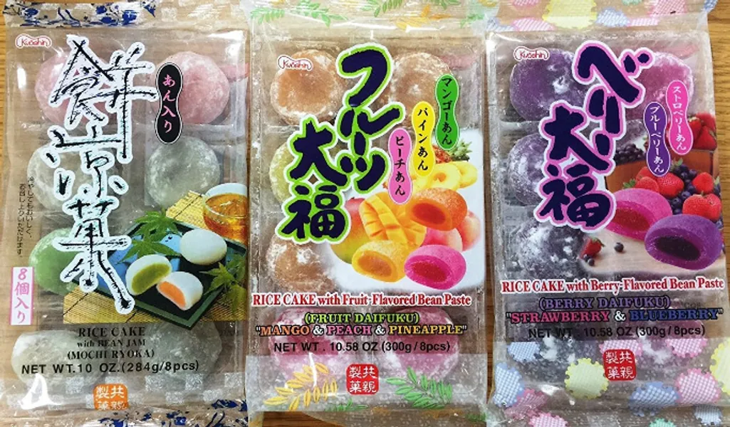 Japanese Fruit Flavor Mochi Strawberry & Blueberry, Mango & Peach & Pineapple, Bean Jam Rice Cake Mochi Sampler - 3x 8 Pc by Kyoshin