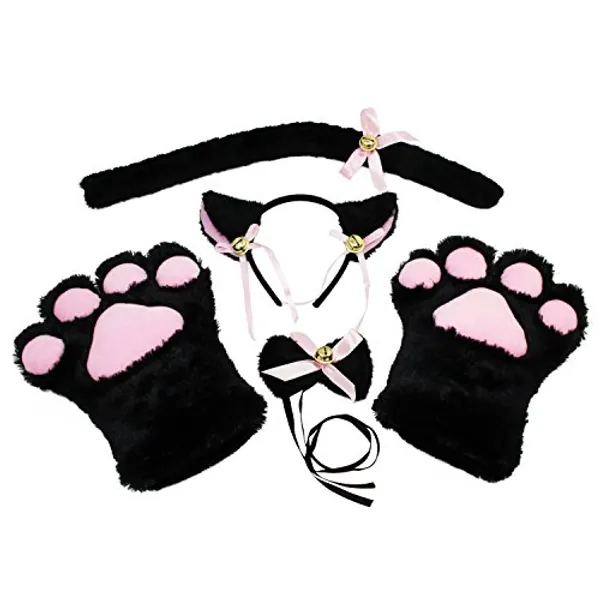 KEESIN Gatto Cosplay Set Peluche Artiglio Guanti Gatto Gattino Orecchie Coda Collare Zampe Carino Adorabile Costume per Il Set per Bambini e Adulti (Nero)