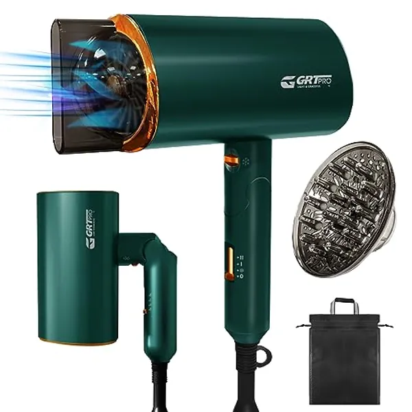 GRT PRO Asciugacapelli da Viaggio Ionico Pieghevole 2200W Phon per Capelli con Diffusore e Ugelli Hair Dryer, Portatile Riparazione Blu Ray Asciugatura Veloce Lucido e Liscio per Viaggi Casa verde