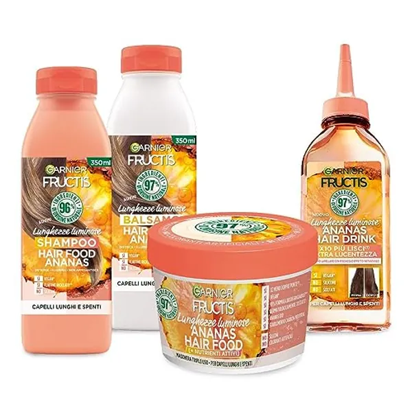 Garnier Fructis Hair Food Ananas, Kit con Shampoo, Acqua Lamellare, Balsamo e Maschera, Per Capelli Lunghi e Spenti, Lunghezze Luminose, Fino al 97% di Ingredienti di Origine Naturale