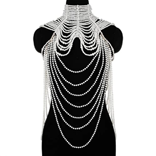 Collana con bavaglino di perle simulate multistrato per donna Collare con perline nappa in finta pelle con catena a tracolla Reggiseno Top Body Jewelry collana da donna in argento sterling lungo