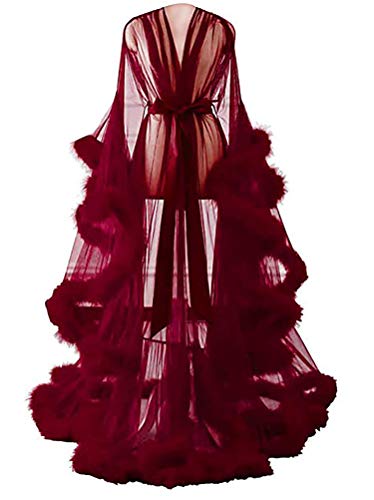 Minetom Donna Vestiti Sexy Lunghi Casuale Abito Maxi Manica Lunga Accappatoio Trasparente Scollo a V Vestito Kimono Pigiama - Taglia unica - Vino Rosso