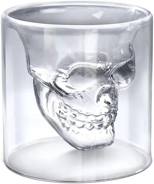 Double Layer Design Skull Whiskey Glass, 8.6oz / 255ML So Cool Cocktail Beer Cup, Personalized Crystal Drinking Cup for Wine Vodka, Home Halloween Party Bar Cup, As a Gift Placed In The Wine Cabinet - Clear 8.6 ounces