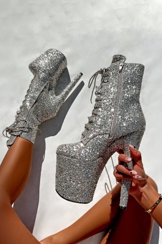 Hella Heels Glitterati XTRA 8inch Boots -  Monroe | Silver / UK5 / EU38 / US7