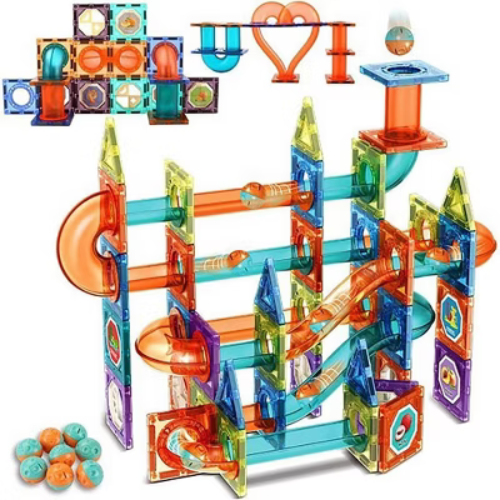 49 Pieces Magnetic Tiles Marble Run Game with LED Ball, Imagination Toy for Kids aged 3+