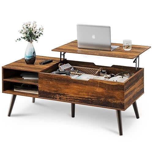 WLIVE Wood Lift Top Coffee Table with Adjustable Storage Shelf and Hidden Compartment, Lift Tabletop Dining Table for Living Room and Office, Rustic Oak - Retro Brown - 47.24"D x 21.65"W x 18.5"H