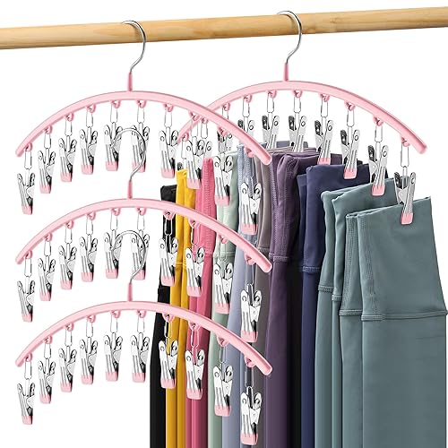 Legging Organizer for Closet, Metal Yoga Pants Hangers 4 Pack w/10 Clips Holds 40 Leggings, Space Saving Hanging Closet Organizer w/Rubber Coated Closet Organizers and Storage, Pink - Pink - 4 Pack