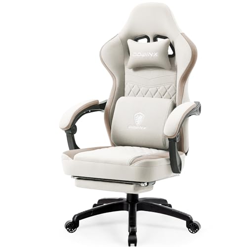 Dowinx Gaming Chair Breathable Fabric Computer Chair with Pocket Spring Cushion, Comfortable Office Chair with Gel Pad and Storage Bag,Massage Game Chair with Footrest,Beige - Beige