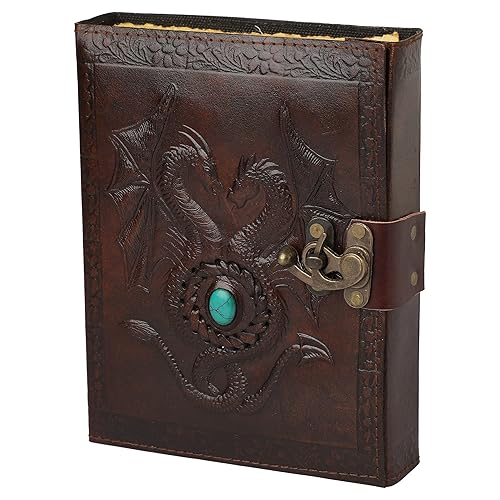OVERDOSE Deckle Doppeldrache Mit Stein Leder Journal - Reisetagebuch Für Männer & Frauen Skizzen Tagebuch Buch Der Schatten Handmade Vintage Deckle Edge Papier - 6 X 8 Zoll | 15 X 20 Cm | A5 - A5 - Einzigartiges,Vintage