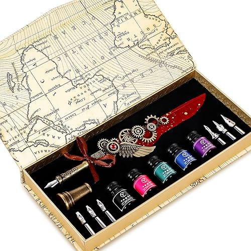 YICMY Kalligraphie Set, Schreibfeder Kaligraphiestifte Set Vintage Federstift Tinte Set, Feder Kalligraphie Stift für anfänger, Antikes Schreibwaren-Geschenk für Weihnachten, Valentinstag - Rot