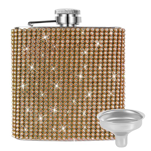 INSTOME Diamond Hip Flask,Flasks for Liquor for Women,6oz Bling Flasks for Liquor,Rhinestone Hip Flask Leakproof with Funnel,Leakproof Flask for Wine Whiskey Liquor Drinking (6oz, gold) - 6oz - Gold