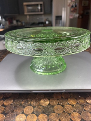 Vintage Small Green Depression Glass Pedestal Cake Stand 8.5" diameter