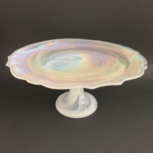 White Swirled Iridescent Glass Cake Stand Pedestal Scalloped 10.5”