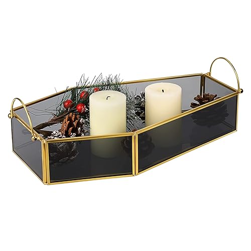 ELLDOO Gold Black Glass Coffin Tray, Gothic Home Decor Jewelry Tray, Coffin Shape Serving Tray, Spooky Decorative Tray with Handle Candle Tray for Christmas Halloween