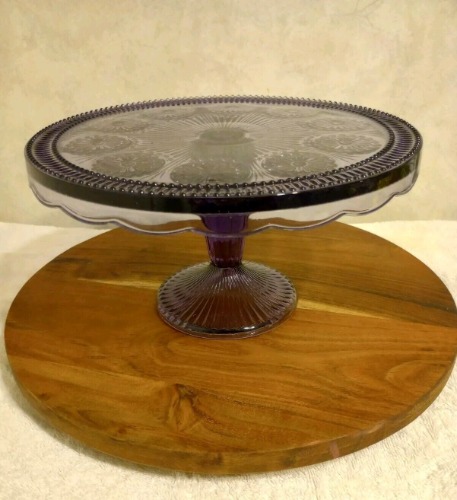 Godinger Amethyst Pedestal Cake Stand Modern Vintage Florentine Pattern Purple