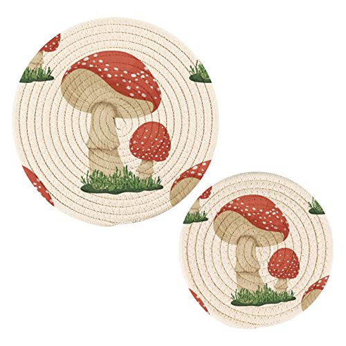 Kigai Vintage Multicolor Pattern in Turkish Style Round Cotton Trivets Pot Holders, Hot Pads Pure Cotton Stylish Coasters for Boho, Farmhouse, Kitchen Decor - 2pcs (Mushroom) - Mushroom
