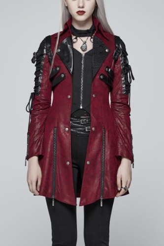 Red Metal Buckle Decoration Zipper Womens Steampunk Windbreaker Coat | S / Red