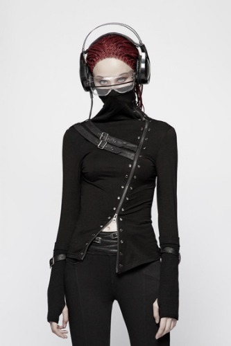 Black High Collar Long Sleeves Zipper Leather Buckle Women's Steampunk T-Shirt | S / Black