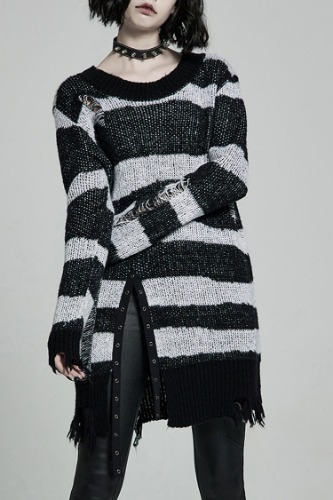 Striped Print Long Sleeves Mesh Ripped Women's Steampunk Knitted Sweater 2 Colors | One-Size / Black/White