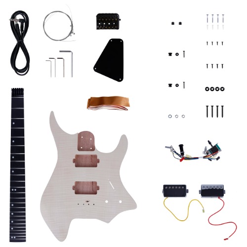 Leo Jaymz DIY Guitar Kit Headless Electric Guitar - Maple and mahogany Neck - Mahogany Body and Maple Veneer - Pluggable wires - Headless Flame Maple