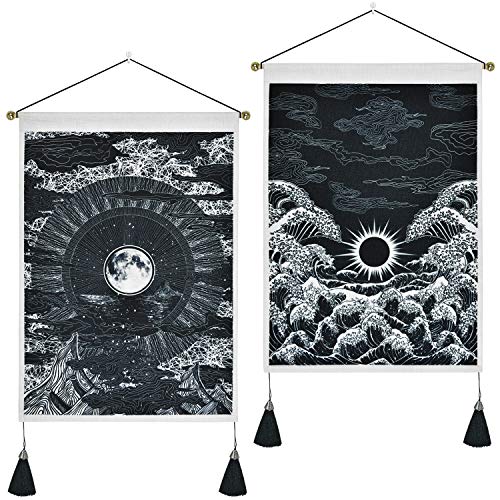 Pack of 2 Tapestry Moon and Star Tapestry Ocean Wave Tapestry Black and White Tapestries Mountain Tapestry Sunset Great Wave Tapestry Wall Hanging for Room (13.8 x 19.7 inches) - Black - 13.8" x 19.7"