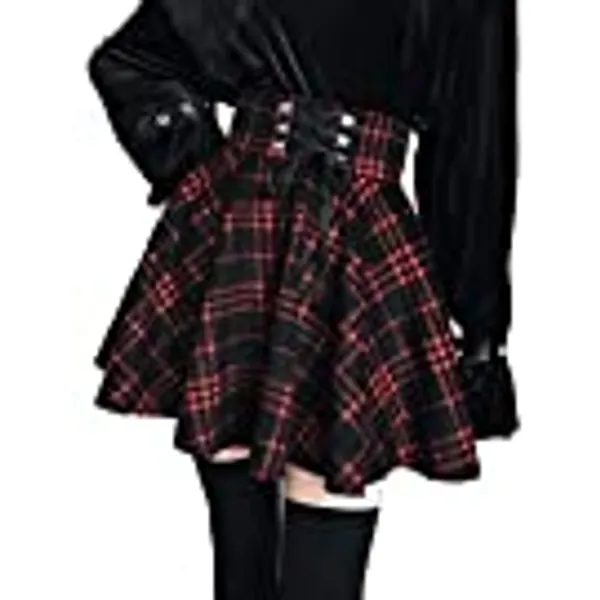 Women's High Waisted Short A-line Flare Gothic Mini Black Red Plaid Pleated Skirt