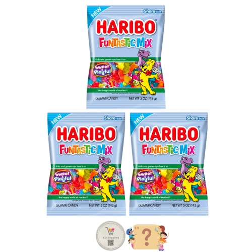 Haribo Gummi Candy - Soft & Chewy Delicious Gummies, (Pack of 3) 5 oz Share Size Peg Bags + Bonus Mystery Candy (Funtastic Mix) - Funtastic Mix